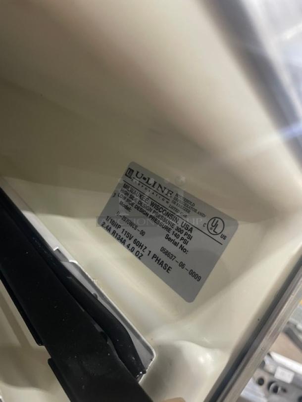 U-Line Commercial Beverage Center, Model U-2075WCS-00, Stainless Steel, Glass Door, 115V 1 Phase, Serial 058637-06-0009.
