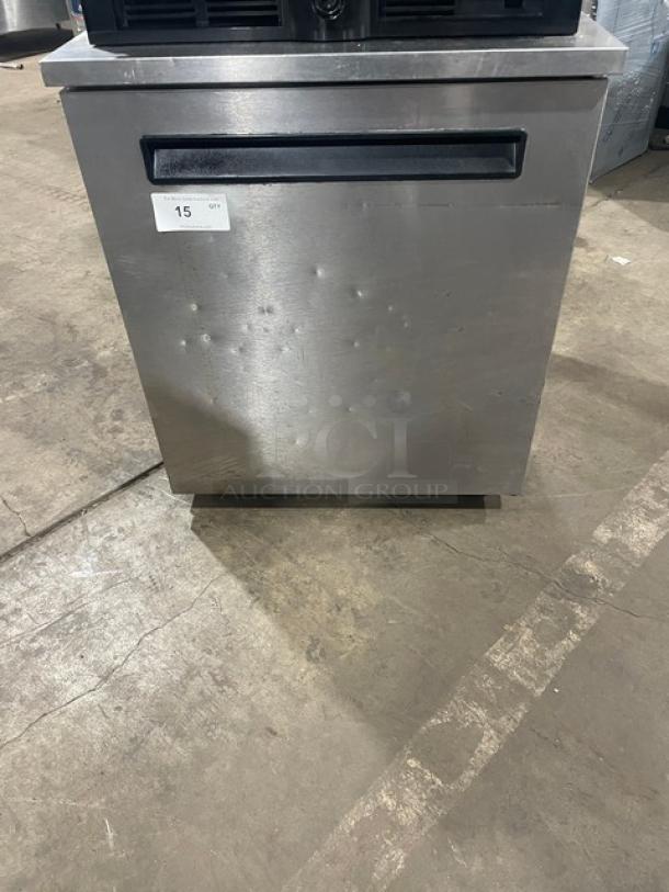 Delfield Enodis 406-STAR2 stainless steel undercounter refrigerator, single door, poly-coated rack, on casters, model shown.