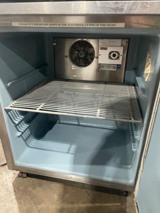 Delfield Enodis Series 406-STAR2 stainless steel undercounter refrigerator with poly-coated rack. Model 406-STAR2, 115V, on casters.
