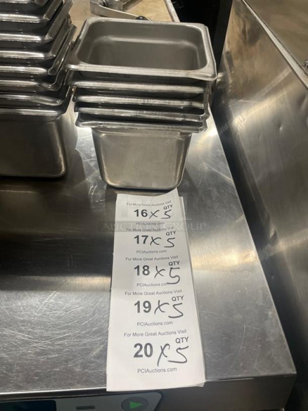 Commercial stainless steel hotel pan stack, excellent condition, various quantities available, ideal for steam tables.