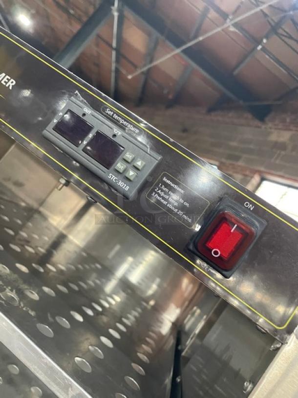 Vevor stainless steel electric countertop food warmer with digital controls. Features include on/off switch, model STC-3018.