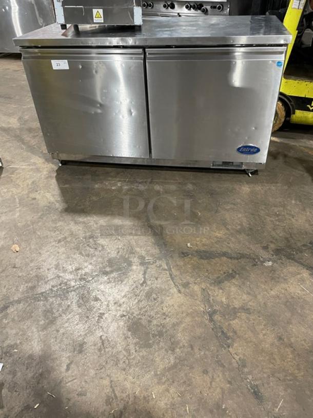 Leader 2-door stainless steel worktop refrigerator, model UR61, on casters, Energy Star certified, with poly coated rack.