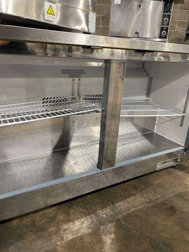 Leader UR61 stainless steel 2-door undercounter worktop refrigerator. Energy Star certified, poly-coated wire rack, on casters.