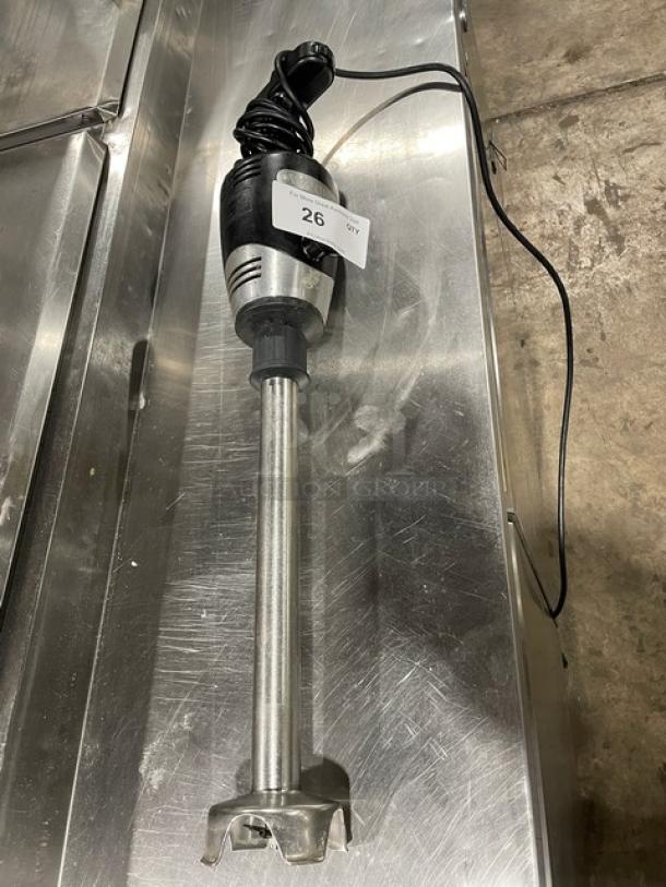 Waring Big Stik Series immersion blender, stainless steel, black grip handle, electric powered, label marked "26".