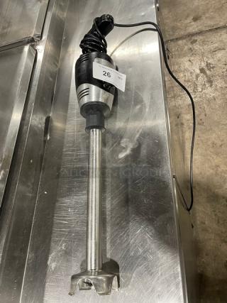 Waring Big Stik Series immersion blender, stainless steel, black grip handle, electric powered, label marked "26".