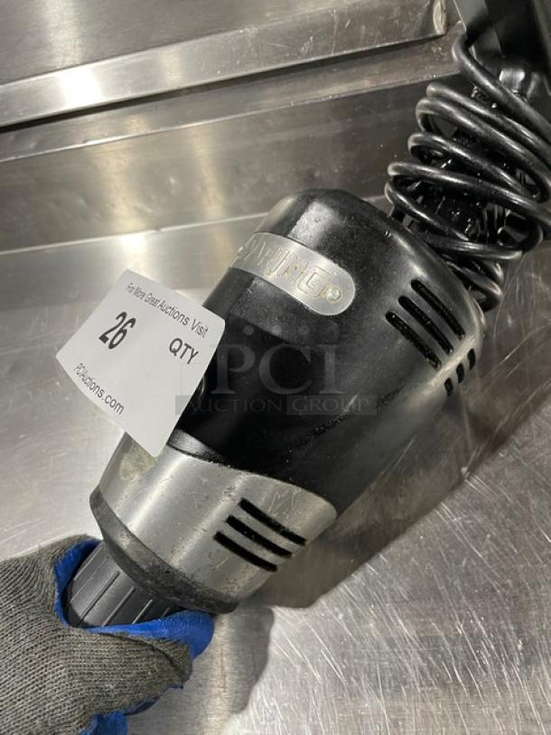 Waring Big Stik Series commercial immersion blender with stainless steel body and black grip handle, visible power coil.