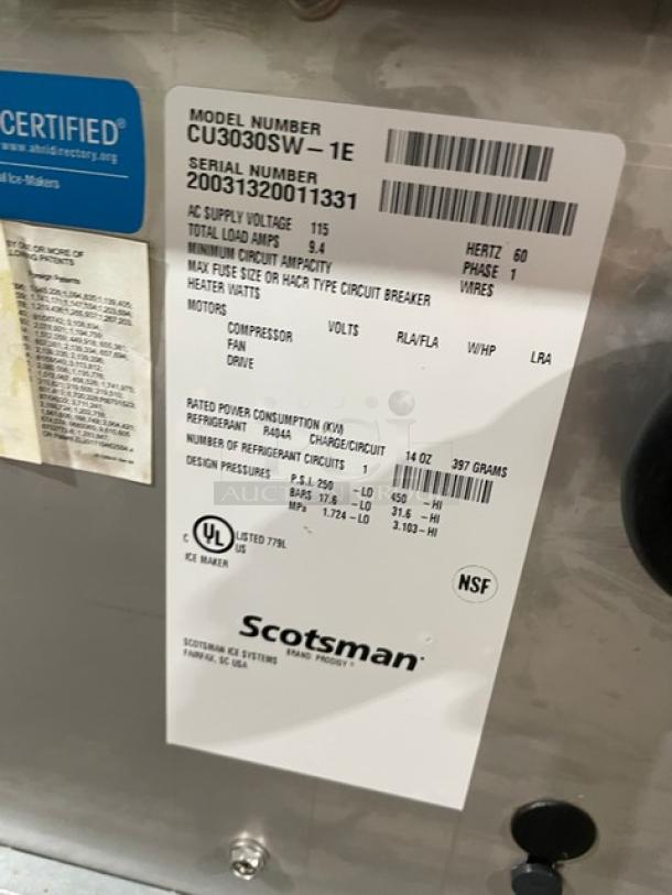 Scotsman Prodigy Series ice machine, model CU3030SW-1E, stainless steel, commercial-grade, water-cooled, undercounter unit.