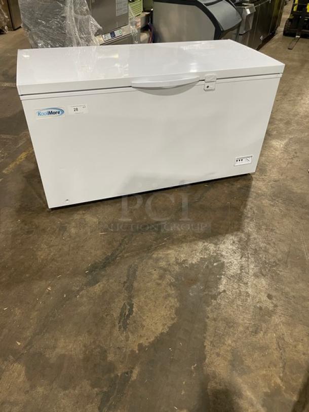 KoolMore SCF16C 60" white commercial chest freezer with poly-coated wire basket, label visible, in good condition.