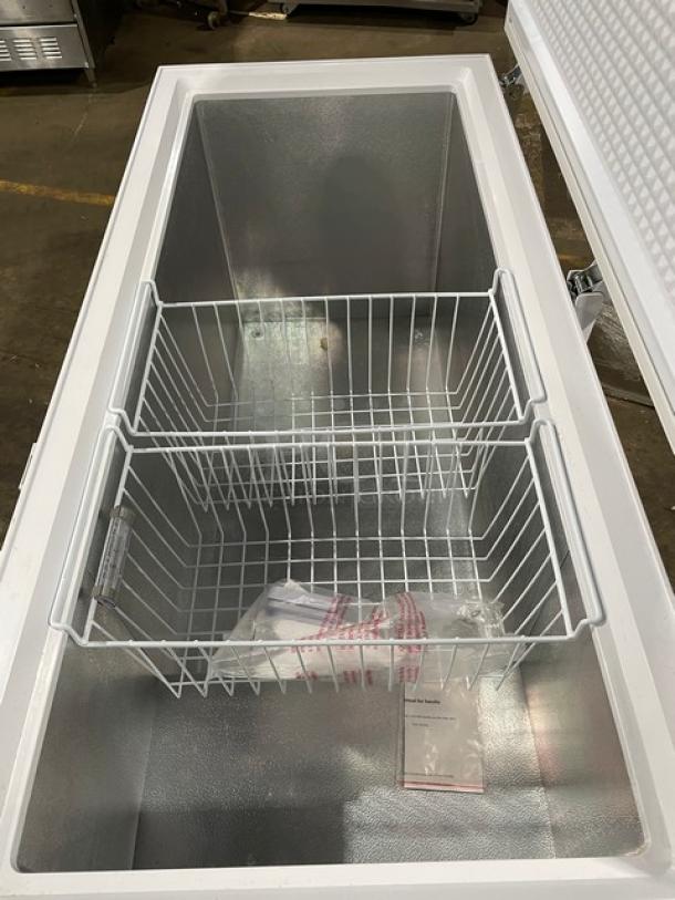 KoolMore Commercial 60" white chest freezer, model SCF-16C, with poly-coated wired basket, 115V, pristine condition.