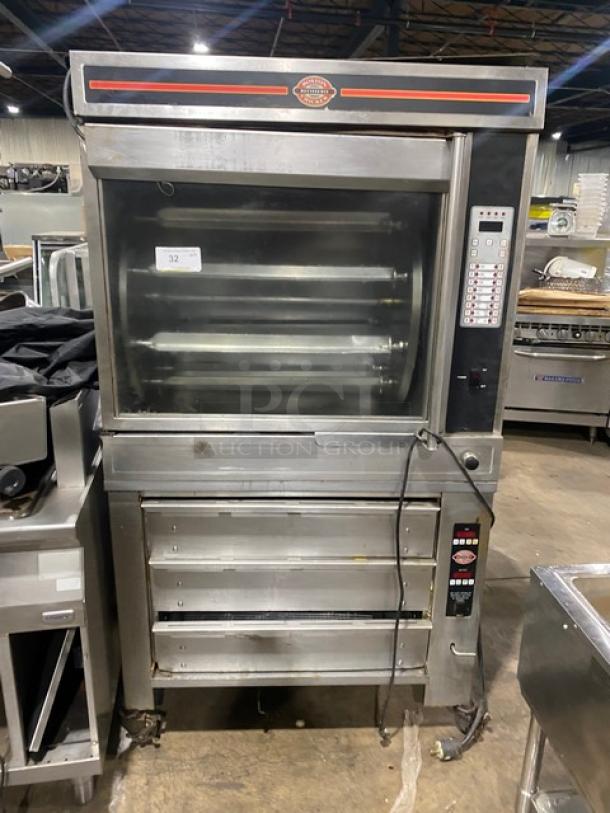 Cleveland Range commercial stainless steel rotisserie oven BMR-32 and 3-drawer warmer BMW334 on casters, gas and electric powered.