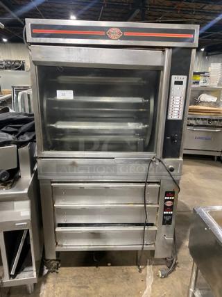 Cleveland Range Boston Market Style Commercial Stainless Steel Natural Gas Powered Open Display Rotisserie Convection Oven! Model: BMR-32 SN: WC33848-96C-01! 115V 1 Phase! With Cleveland Range Commercial Electric Powered 3-Drawer Hot Food Storage/Warmer! Model: BMW334 SN: WC75697-02A-01! 120V 1 Phase! On Casters! ALL ONE MONEY! - Item #1212229