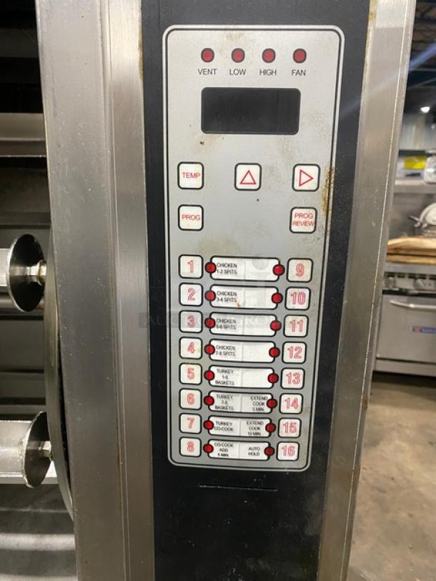 Cleveland Range BMR-32 rotisserie oven control panel, displaying vent, temp, and program settings, stainless steel finish.