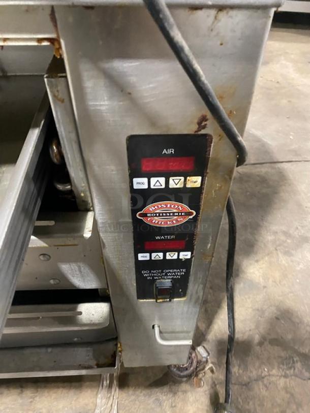 Cleveland Range BMR-32 rotisserie oven control panel with settings and warning label, visible on stainless steel body.