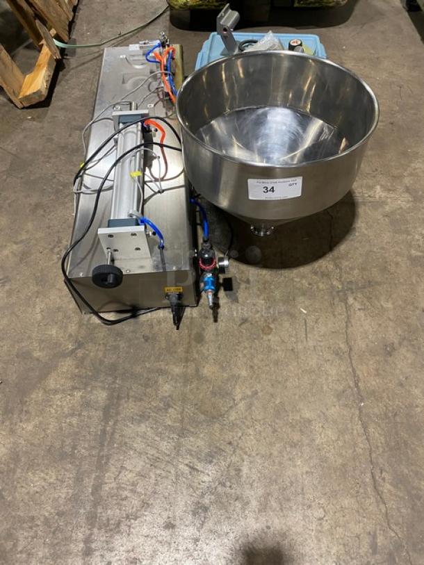 Vevor commercial stainless steel liquid filling machine with pneumatic/paste capabilities, hopper, and mixed attachments.