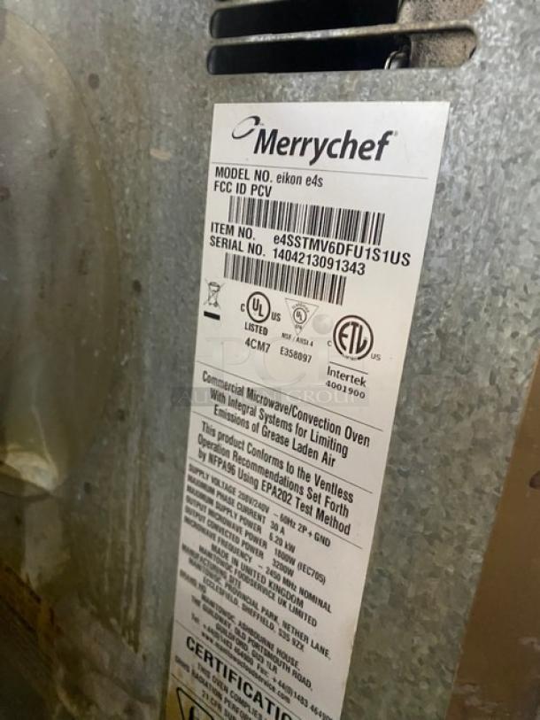 Merrychef Eikon E4S commercial turbo oven label, model and serial number visible, stainless steel, 208/240V, 2-phase.