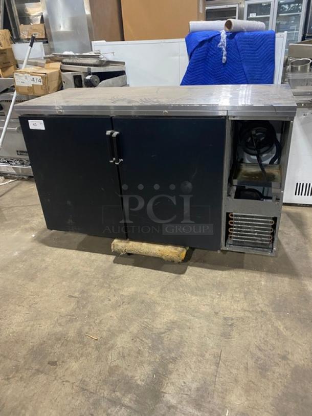 Perlick BS60 commercial stainless steel 2-door back bar refrigerator with solid black doors. Model BS60 SN: 608090, 115V, 1 Phase.