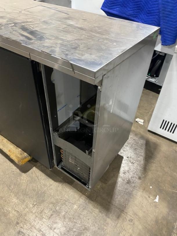 Perlick BS60 commercial fridge, 60", stainless steel, two solid black doors, model BS60, SN 608090, 115V, 1 phase.