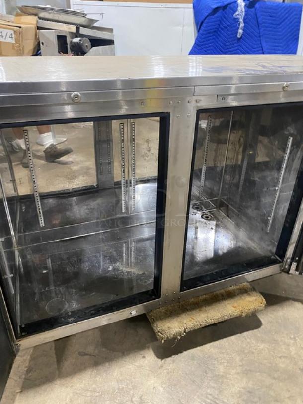 Perlick BS60 commercial back bar refrigerator, 2-door, 60", stainless steel, solid black doors, 115V, 1 phase, model SN: 608090.