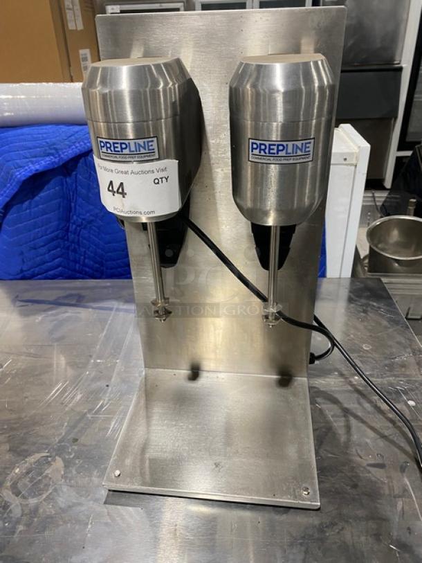 Prepline stainless steel double spindle drink mixer, Model DM-B-21, electric countertop, 110-120V, excellent condition.