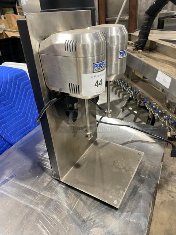 Prepline DM-B-21 stainless steel double spindle drink mixer, electric, countertop model, in good condition with visible label.