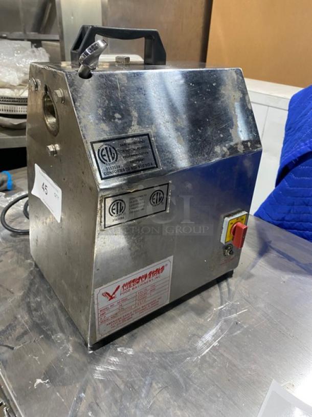 American Eagle AE-VS22 stainless-steel countertop food processor motor unit. Model: AEVS22, SN: 22N1704388, 115V, on legs.
