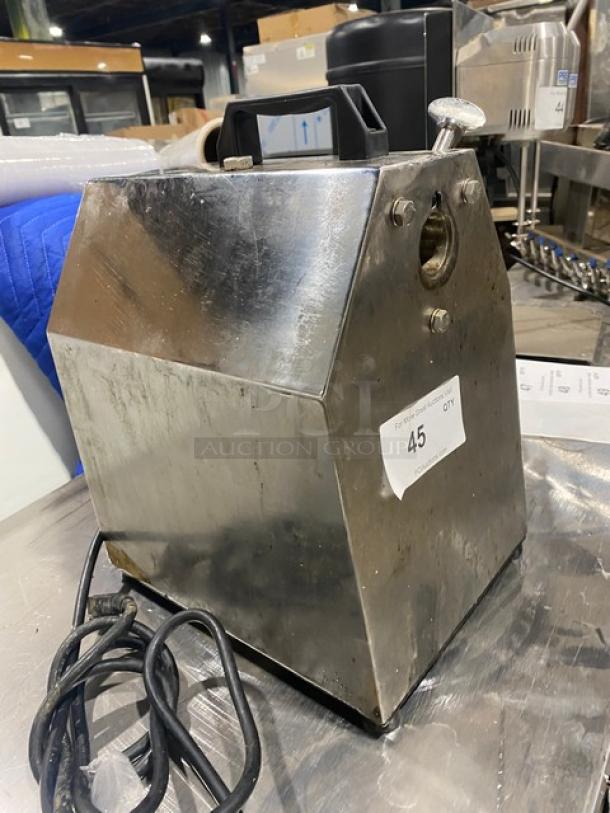 American Eagle stainless-steel food-processing machine motor unit, model AE-VS22, on legs. Features plug and operation label.
