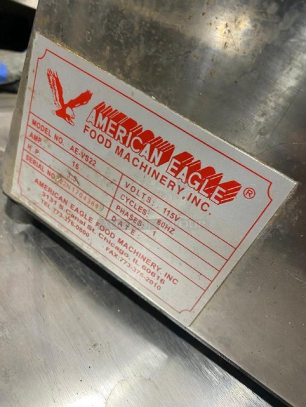 American Eagle AE-VS22 stainless-steel food-processing machine motor unit; 115V, 1 phase, good condition, on legs.