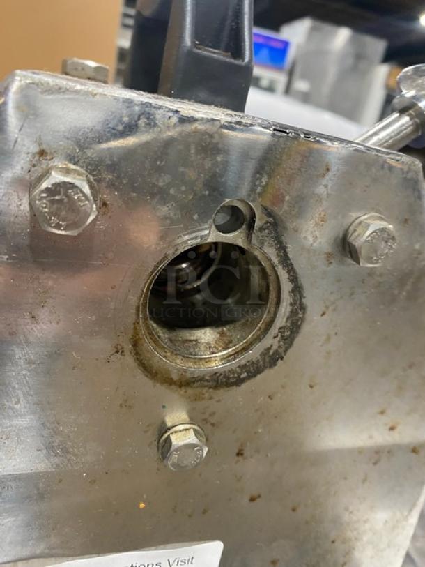 American Eagle AE-VS22 stainless-steel food processor motor unit, heavy-duty, on legs, used; visible wear and tear. Model: AE-VS22, Serial: 22N1704388.