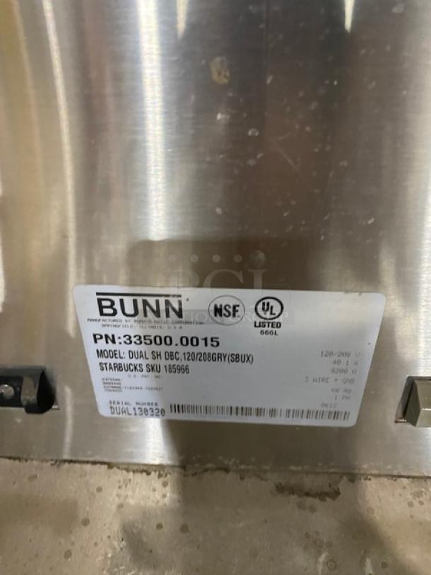Bunn Dual SH DBC commercial twin coffee brewer with hot water dispenser, digital controls, stainless steel, 120/208V. Model: DUALSHDBC.