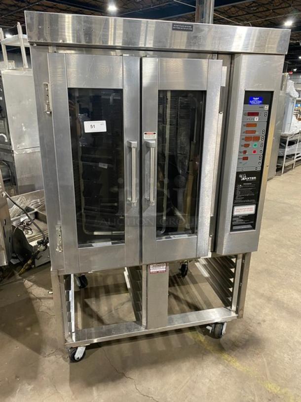 Baxter OV300G stainless steel gas convection oven, digital control, 8-pan rotating rack, open-base pan holder, on casters.