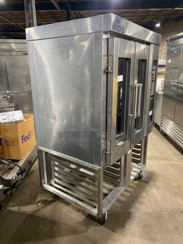 Baxter OV300G stainless steel gas convection oven, digital controls, 8-pan rotating rack, open-base, on casters, used condition.