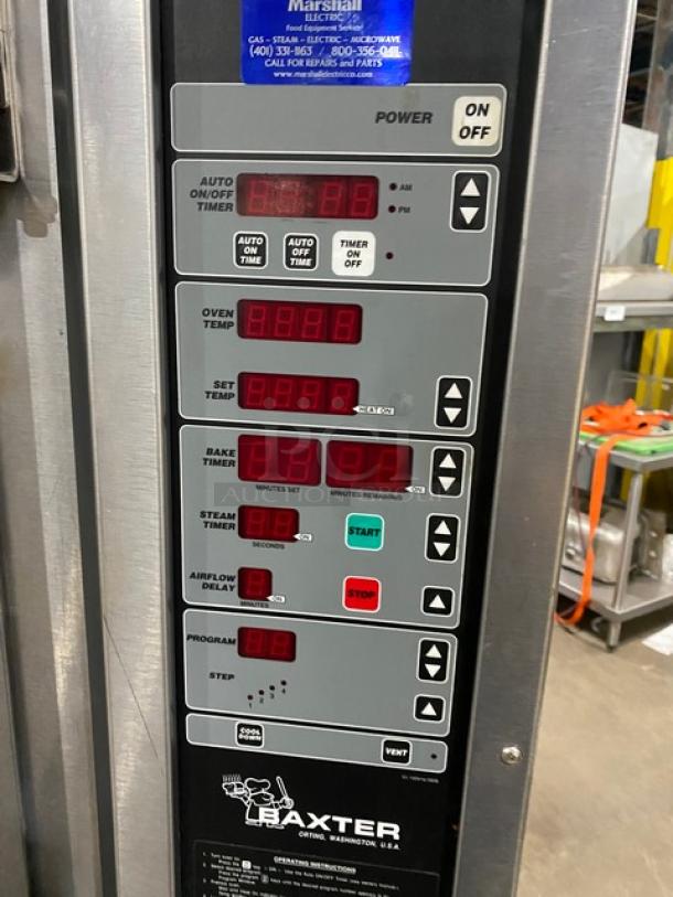 Baxter OV300G stainless steel convection oven with digital controls, 8-pan rotating rack, open-base pan-holding, on casters.