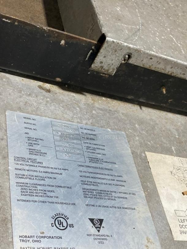 Baxter OV300G stainless steel convection oven tag, showing model, serial number, and specifications.