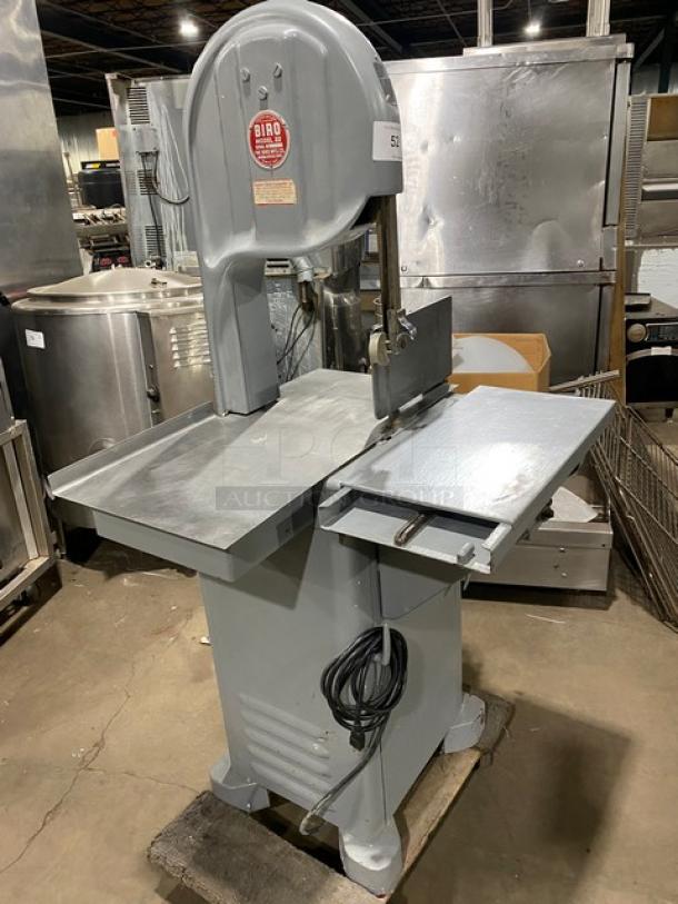 Biro Model 22 vertical band meat saw, stainless steel, electric-powered, with portion control slide-top table, on legs, serial number 2216727.
