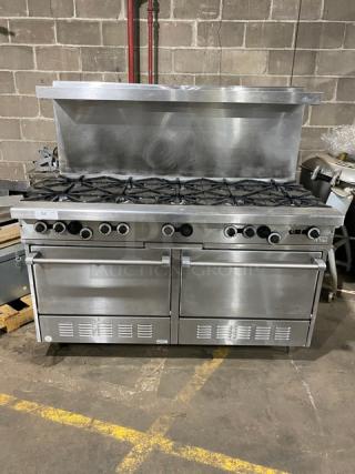 Garland Commercial Stainless Steel Natural Gas Powered 10 Burner Range/Double Oven Combo! With Back Splash & Overhead Salamander Shelf! With Wired Oven Rack! Model: H284 SN: 0112RG089R! On Legs! - Item #1212415