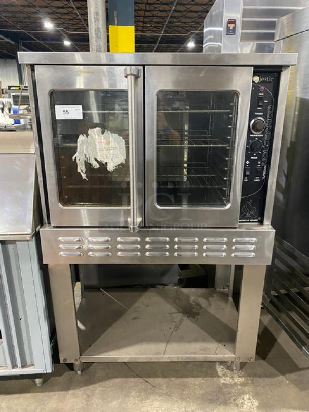 American Range Majestic Series stainless steel convection oven, natural gas, single stack, thermostatic control, with rack and stand.