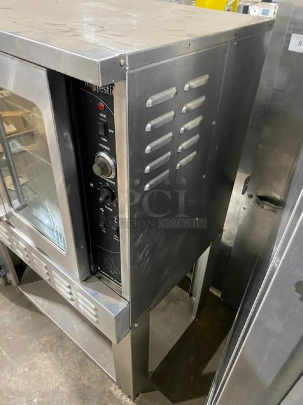American Range Majestic Series stainless steel convection oven, natural gas, thermostatic control, wired rack, undershelf stand.