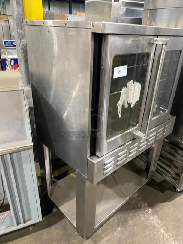 American Range Majestic Series stainless steel convection oven, natural gas, with thermostatic control, on legs with undershelf.