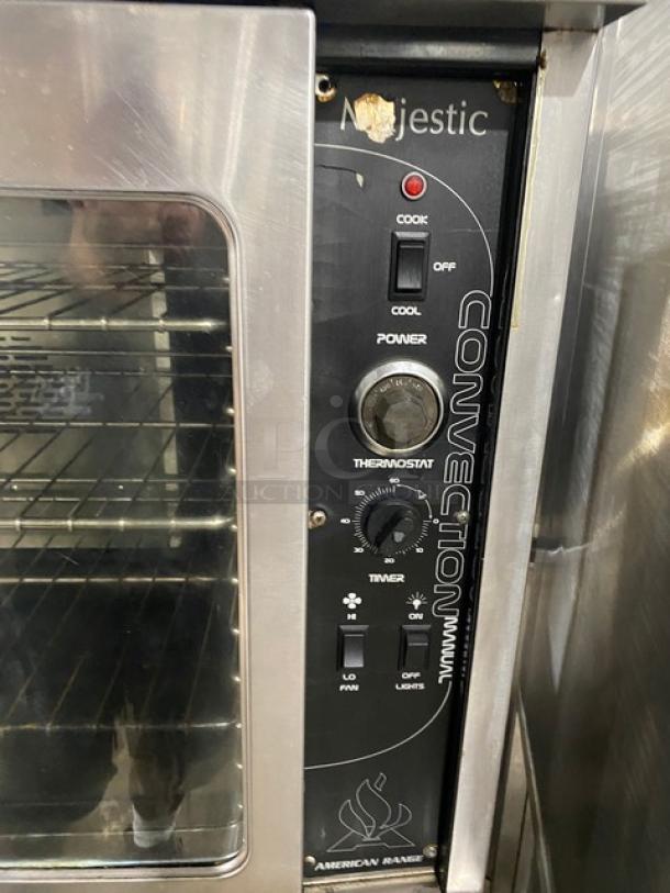 American Range Majestic Series convection oven, stainless steel, natural gas, thermostatic control, wired rack, undershelf stand.
