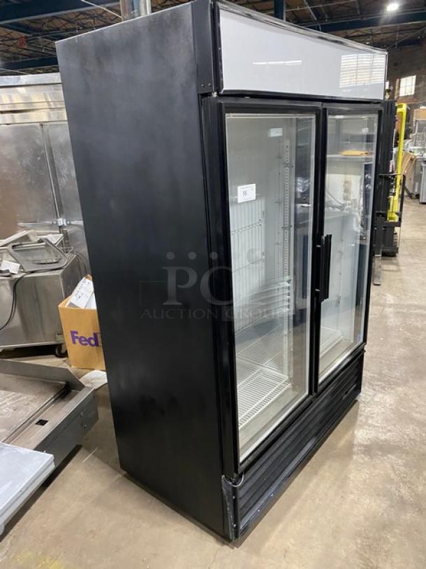 True black double glass door freezer, Model GDM-49F-LD, Energy Star, with poly-coated rack, excellent condition.
