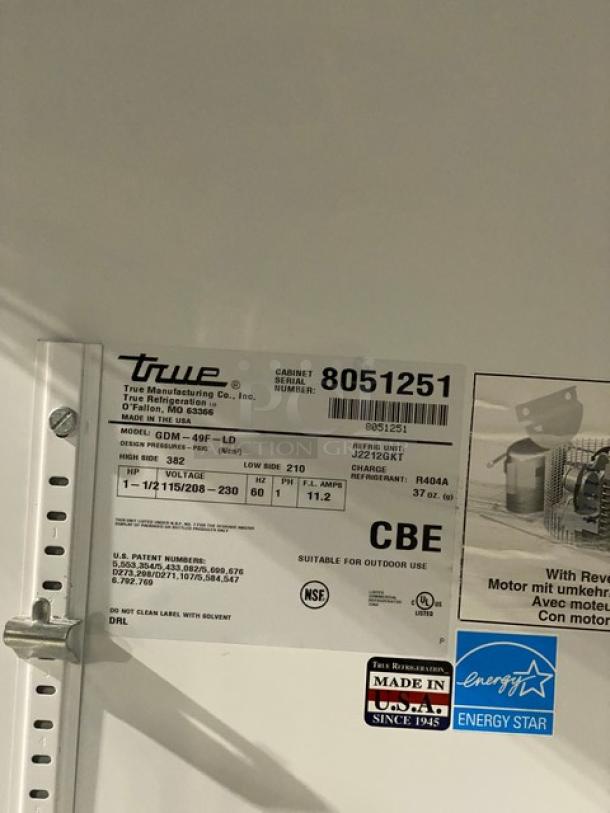 True GDM-49F-LD commercial freezer label, SN 8051251, Energy Star certified, 115/208-230V, poly coated wired rack.