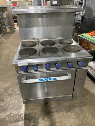 Imperial Commercial Stainless Steel Electric Powered 6 Burner Hot Plate Range/Oven Combo! With Back Splash & Overhead Salamander Shelf! With Wired Oven Rack! - Item #1212419