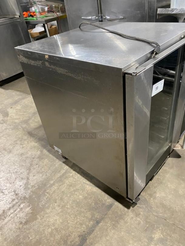 Moffat stainless steel undercounter convection oven with pan slides, on casters, 115-120V, electric powered, minor wear.