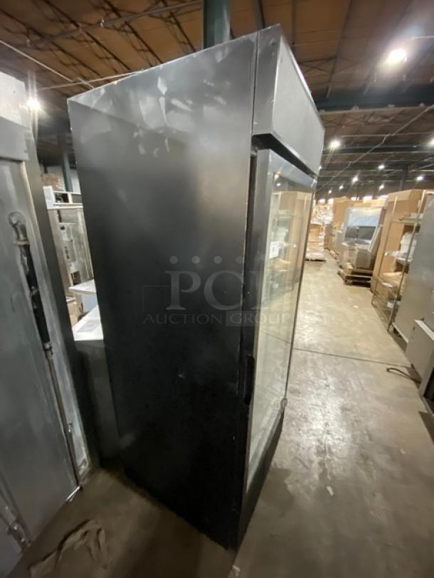 Habco ESM28 commercial black single glass swing door reach-in merchandiser refrigerator, Energy Star certified.