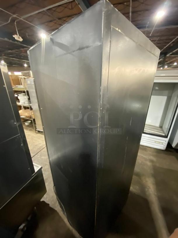 Habco ESM28 black single glass swing door merchandiser refrigerator, Energy Star certified, in fair condition.
