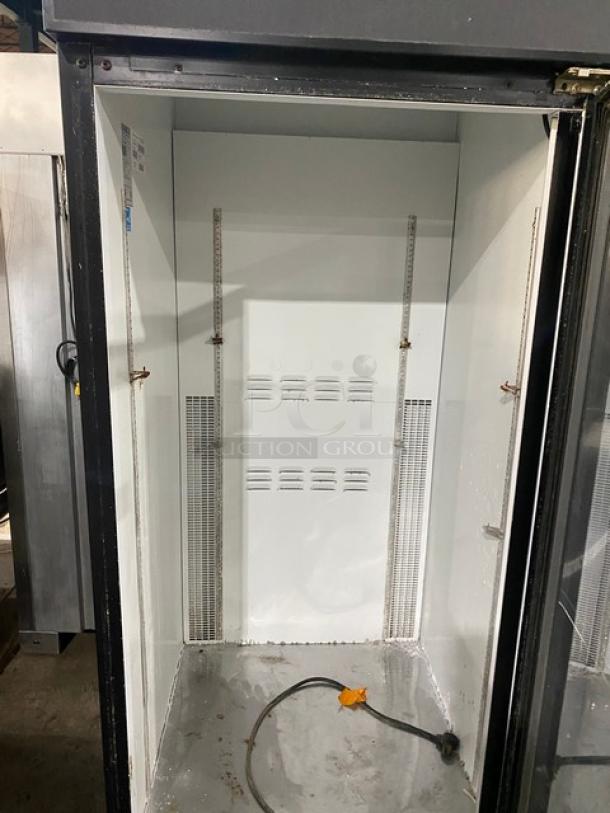 Habco ESM28 commercial glass swing door refrigerator, black, Energy Star certified, model: ESM28, 115V, 1 phase, clean interior.