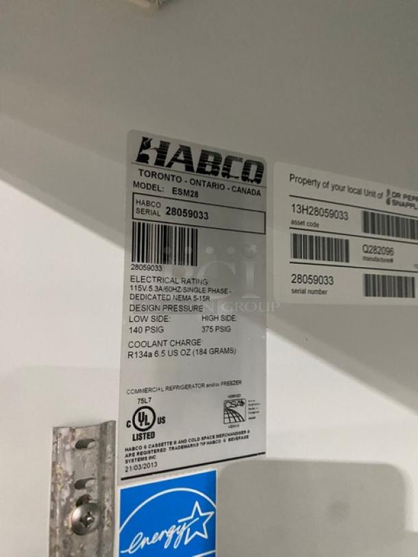 Habco ESM28 commercial refrigerator label showing model number, serial number 28059033, Energy Star certification, 115V 1-phase.