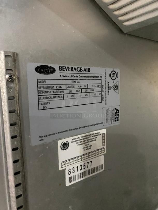 Beverage-Air ER48-1AS commercial refrigerator label showing model, serial number 8310577, and Energy Star certification.