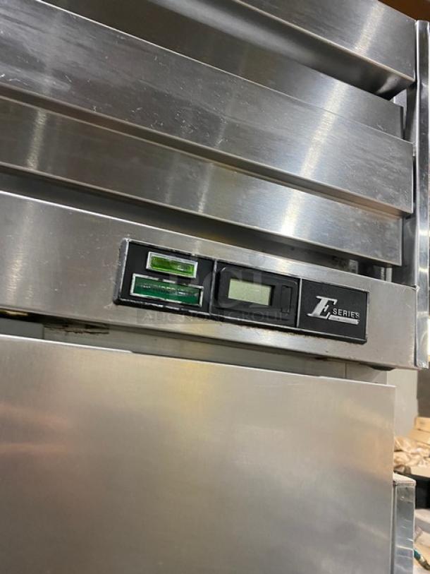 Beverage-Air ER481AS stainless steel 2-door reach-in refrigerator, energy-efficient, on casters, with poly-coated rack.