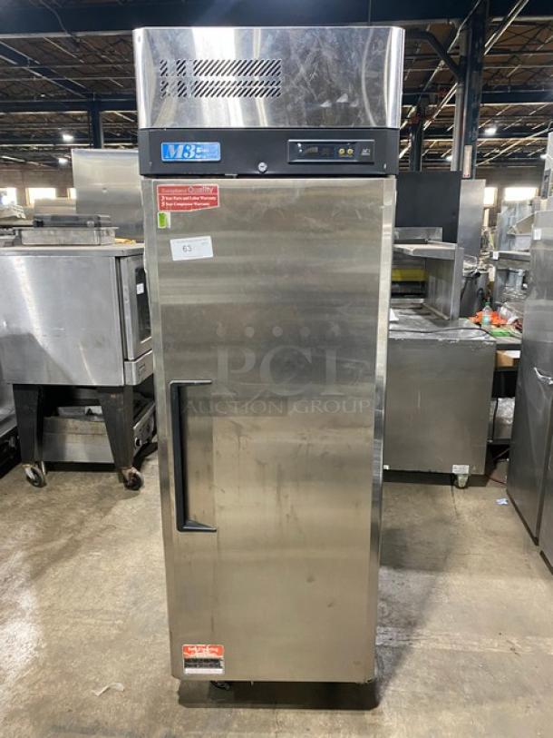 Turbo Air M3 Series stainless steel refrigerator, model M3R191, on casters. Features poly-coated rack. Serial: M3R1LB4111.